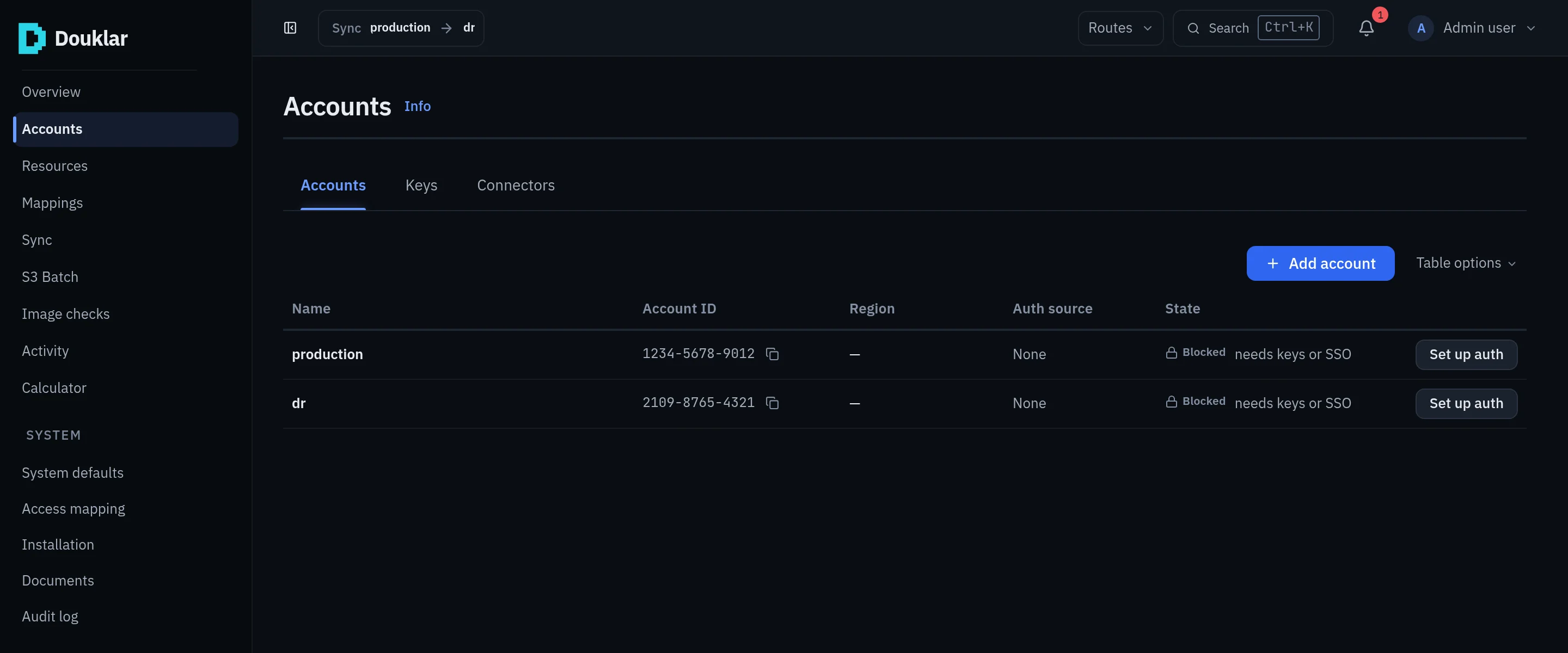 Douklar console Accounts page: two sample accounts, production and dr, each waiting for keys or an SSO session before it can be used.
