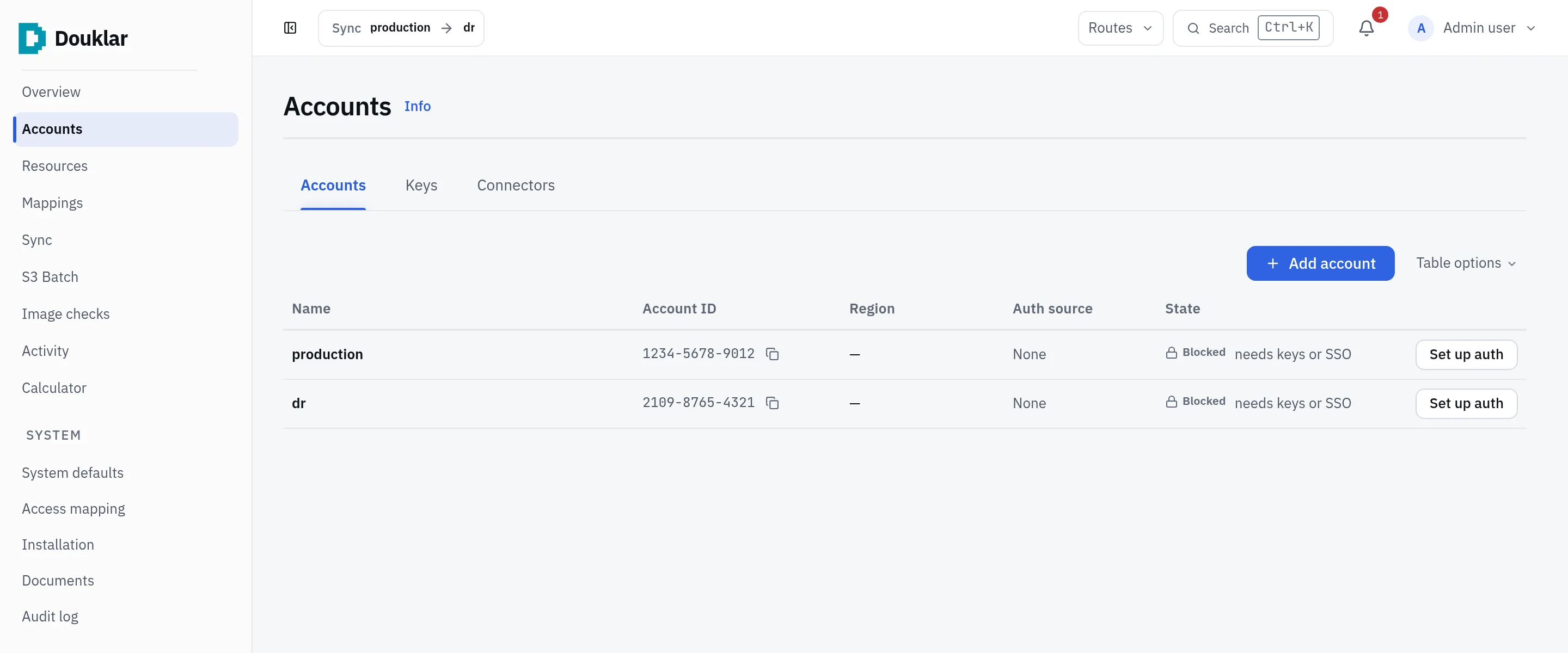 Douklar console Accounts page: two sample accounts, production and dr, each waiting for keys or an SSO session before it can be used.