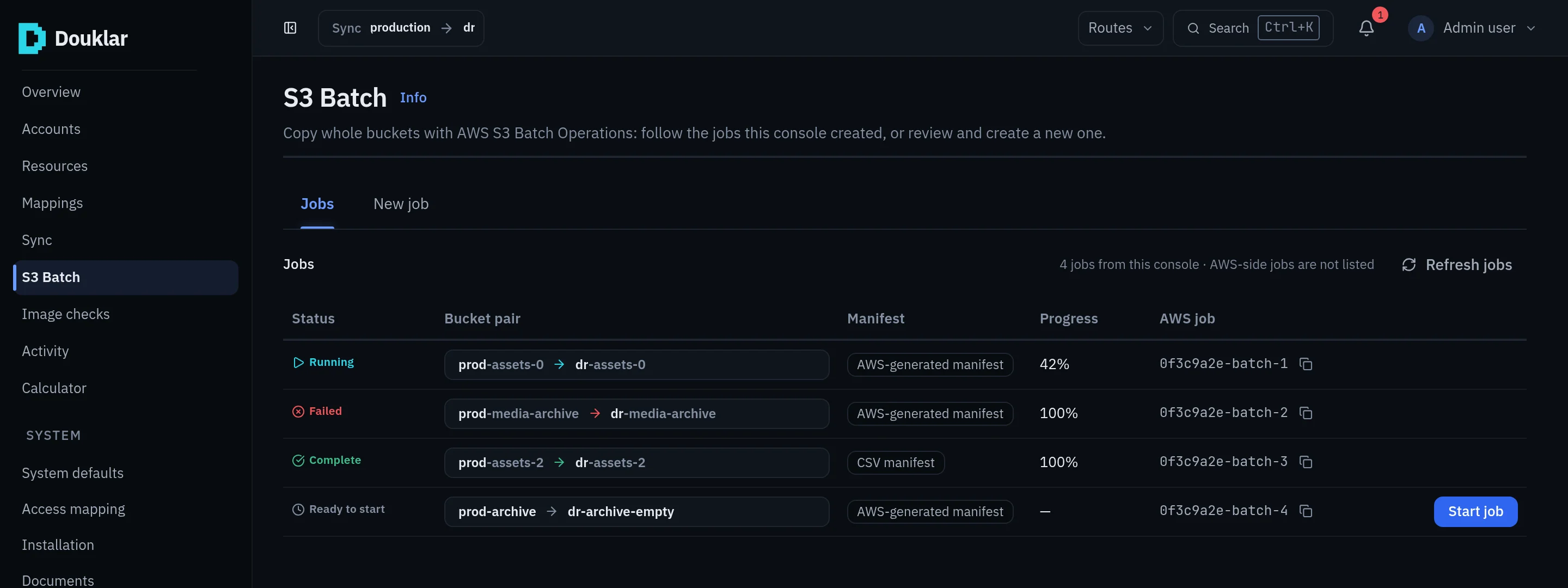 Douklar console S3 Batch page: jobs that are running, failed, complete, and one ready to start with a Start job button.