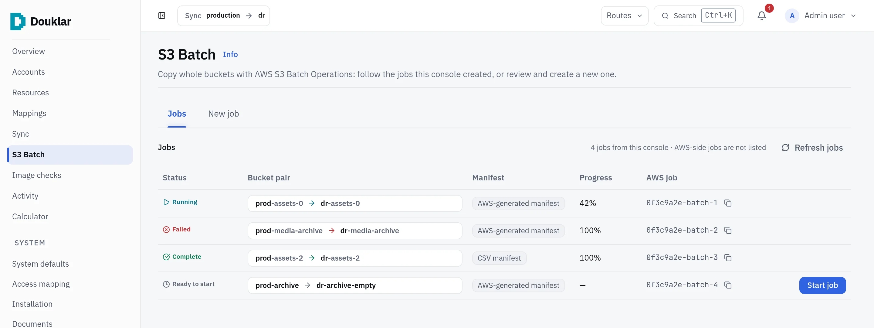 Douklar console S3 Batch page: jobs that are running, failed, complete, and one ready to start with a Start job button.