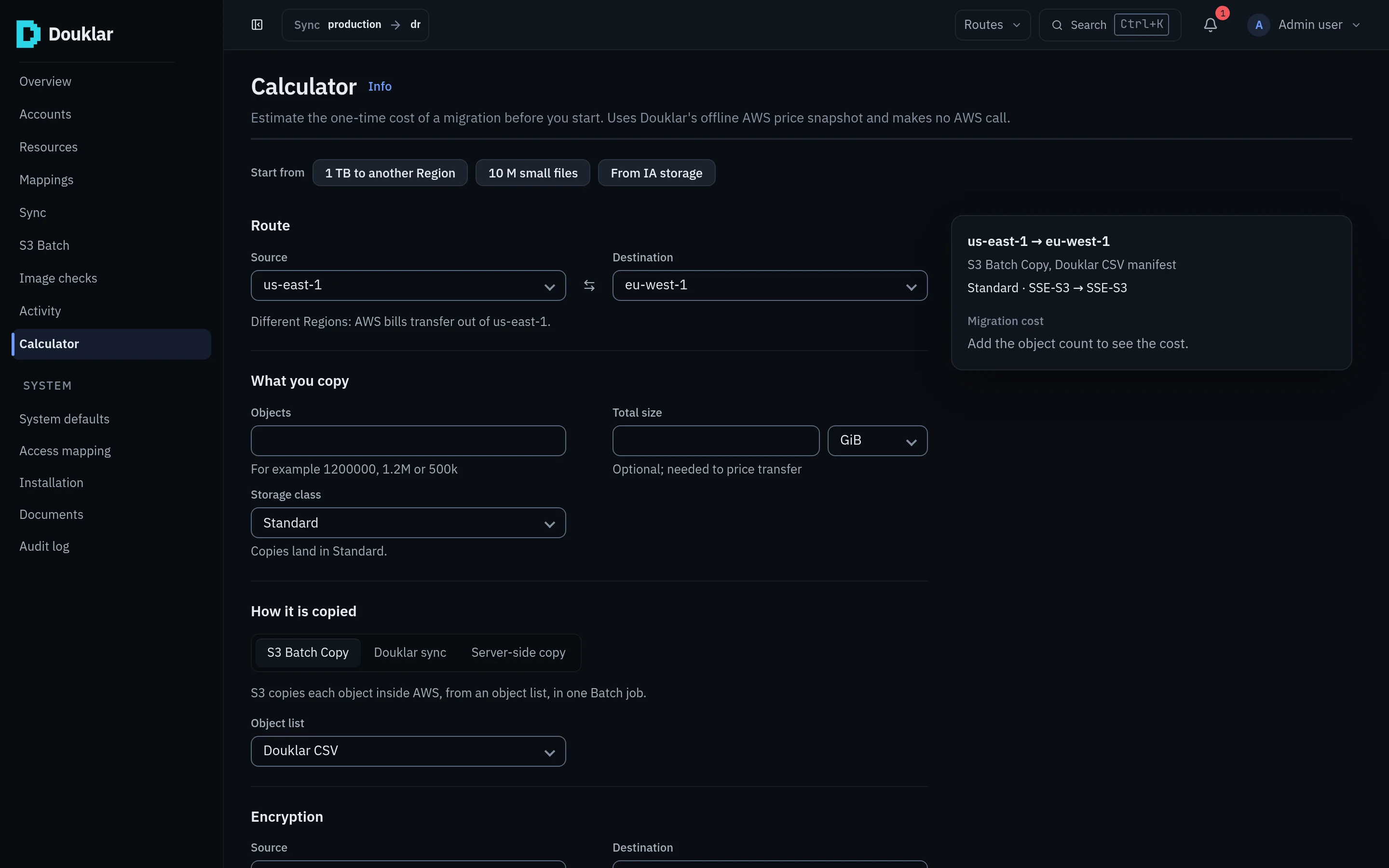 Douklar console Calculator: route from us-east-1 to eu-west-1, object count and size fields, storage class, and the copy method set to S3 Batch Copy.