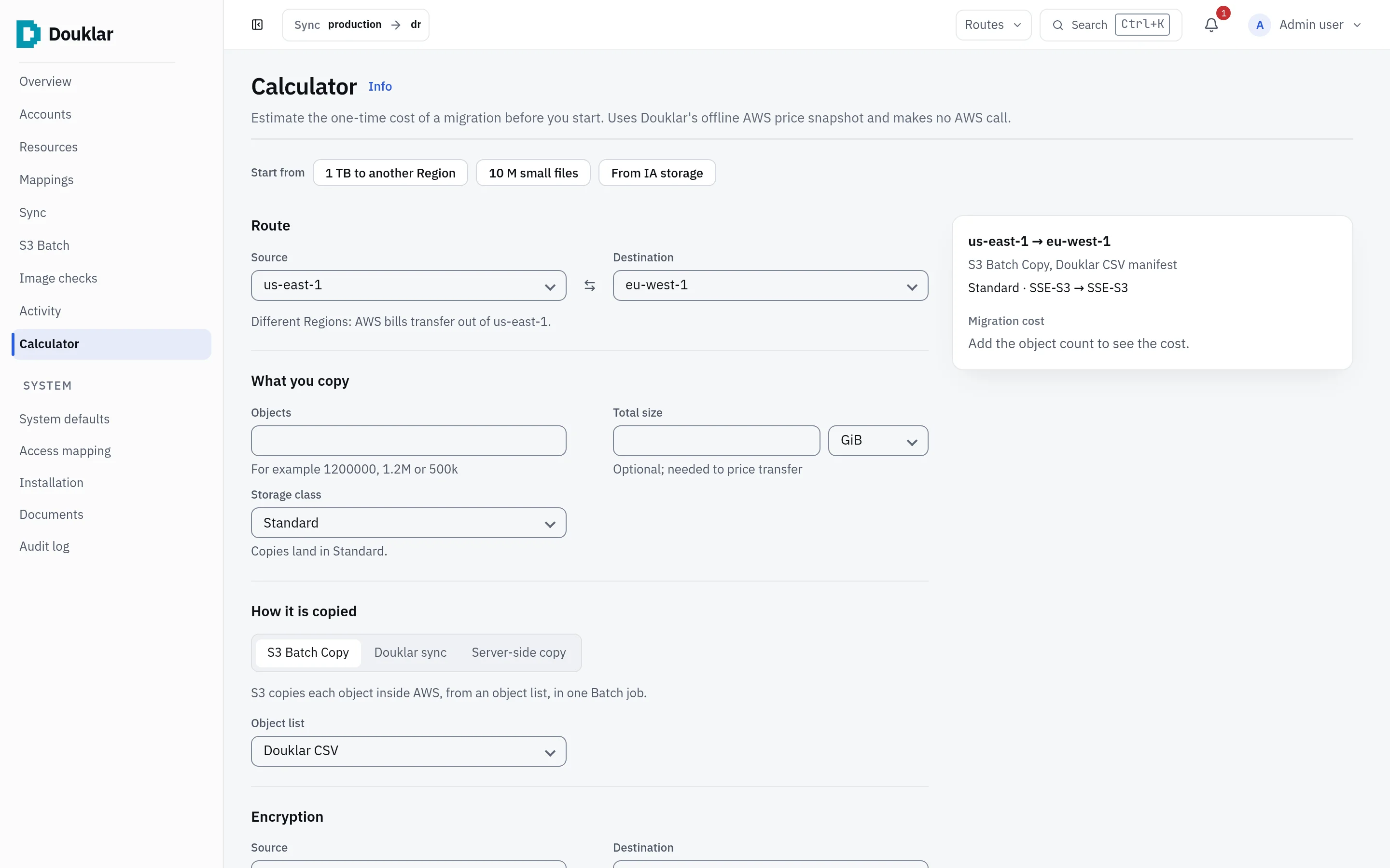 Douklar console Calculator: route from us-east-1 to eu-west-1, object count and size fields, storage class, and the copy method set to S3 Batch Copy.