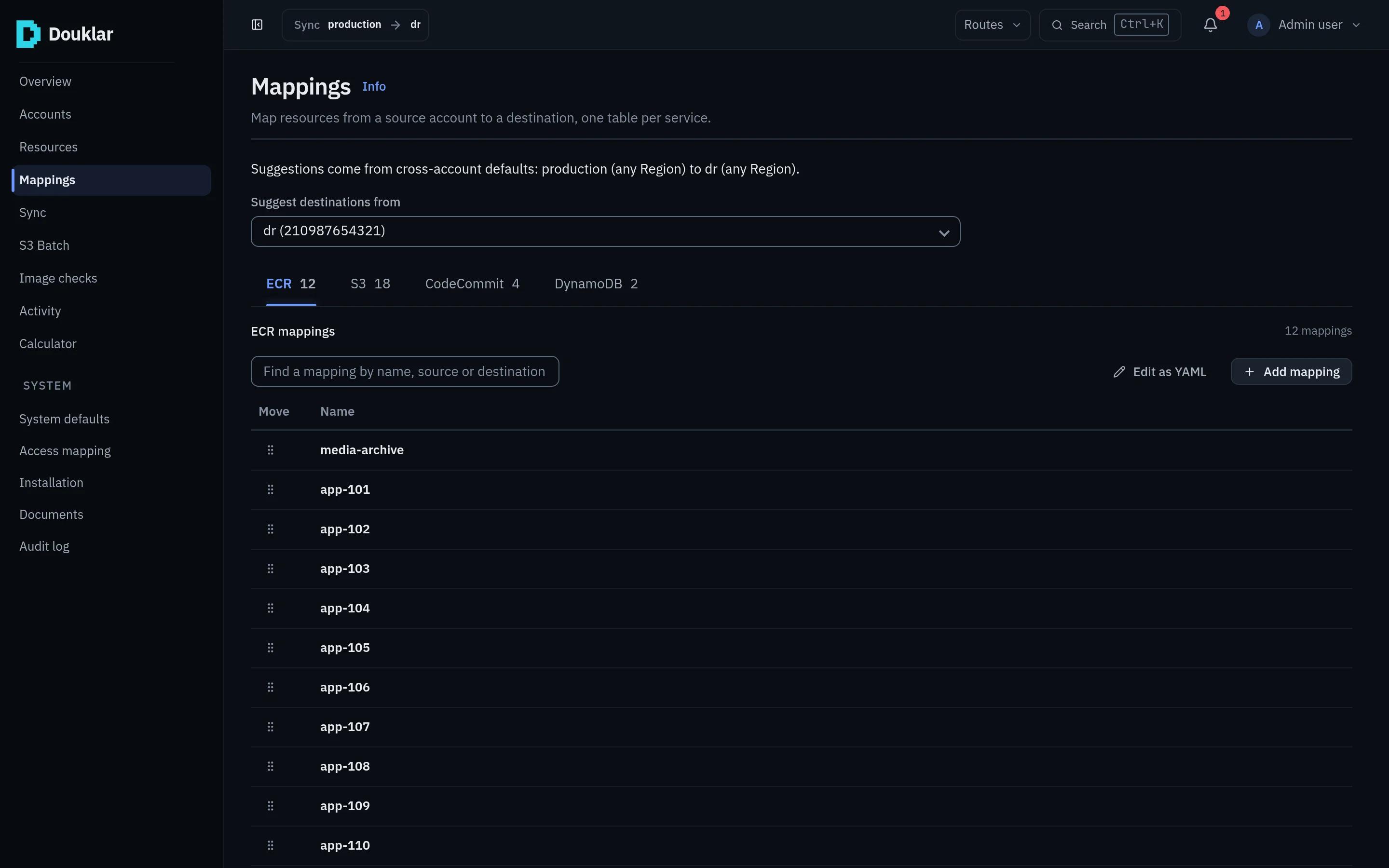 Douklar console Mappings page: tabs per service and a table of ECR mappings.