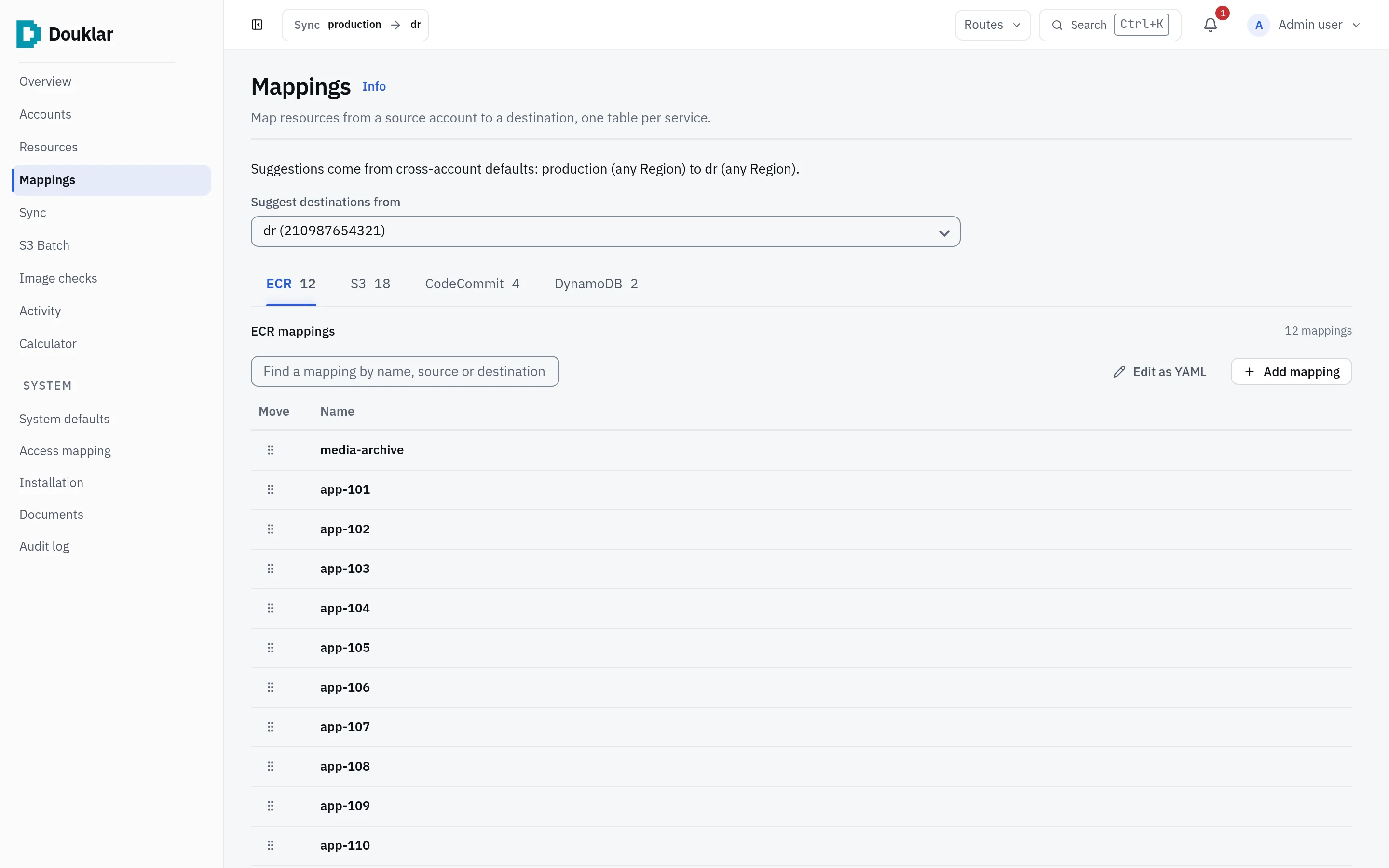 Douklar console Mappings page: tabs per service and a table of ECR mappings.