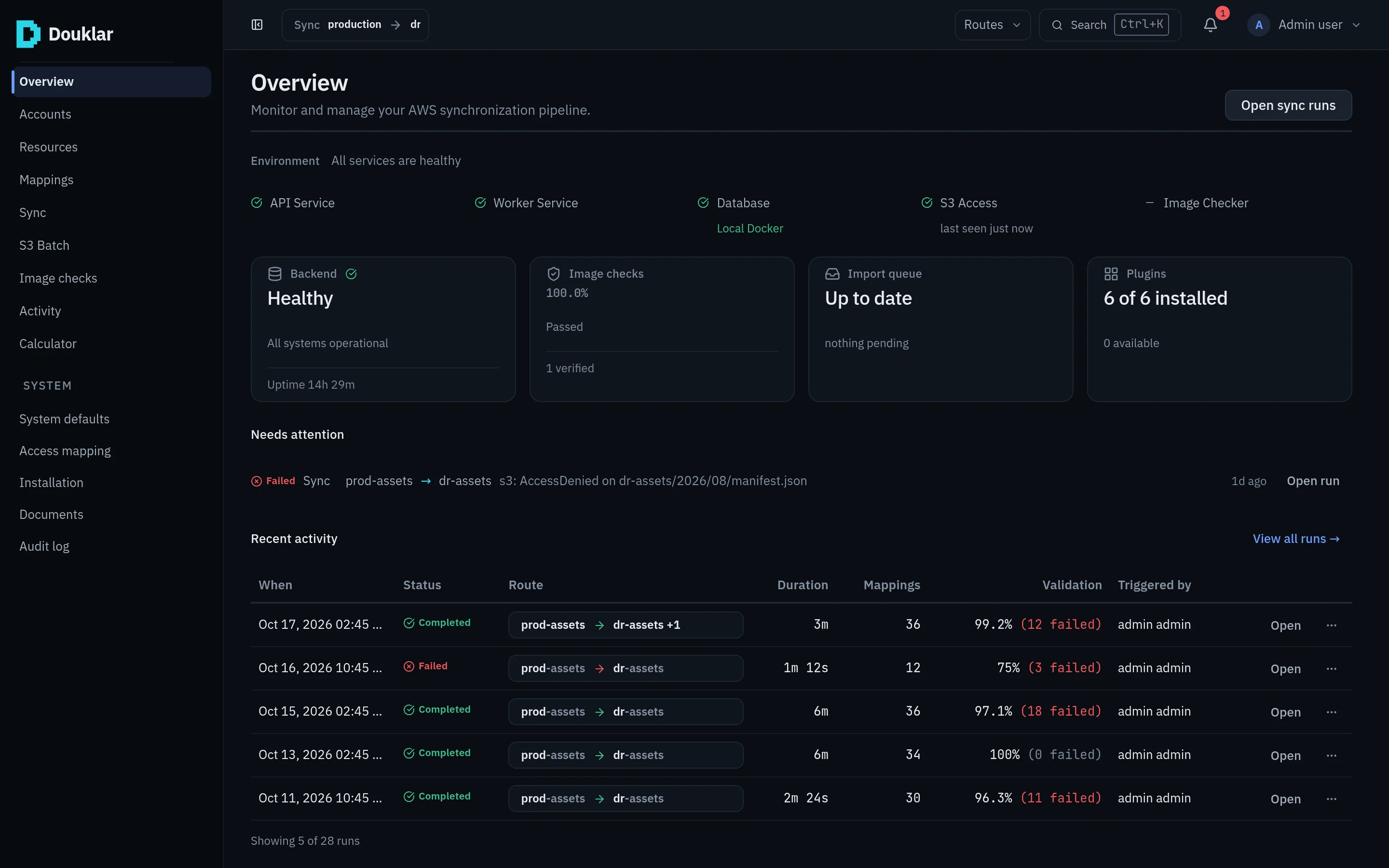 Douklar console Overview: service health, a failed sync that needs attention, and recent runs with mapping counts and validation results.