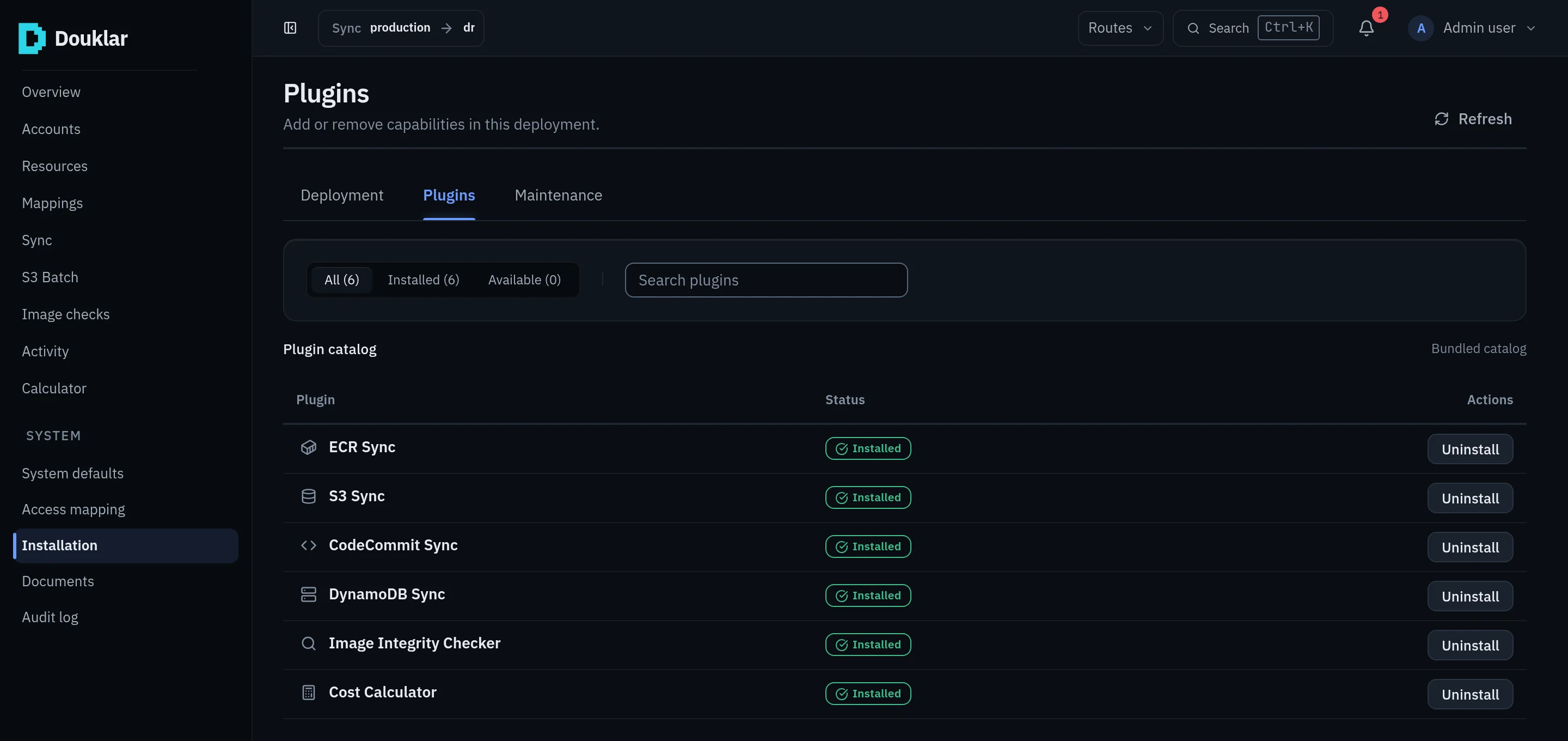 Douklar console Plugins page: six bundled plugins installed: ECR Sync, S3 Sync, CodeCommit Sync, DynamoDB Sync, Image Integrity Checker and Cost Calculator.