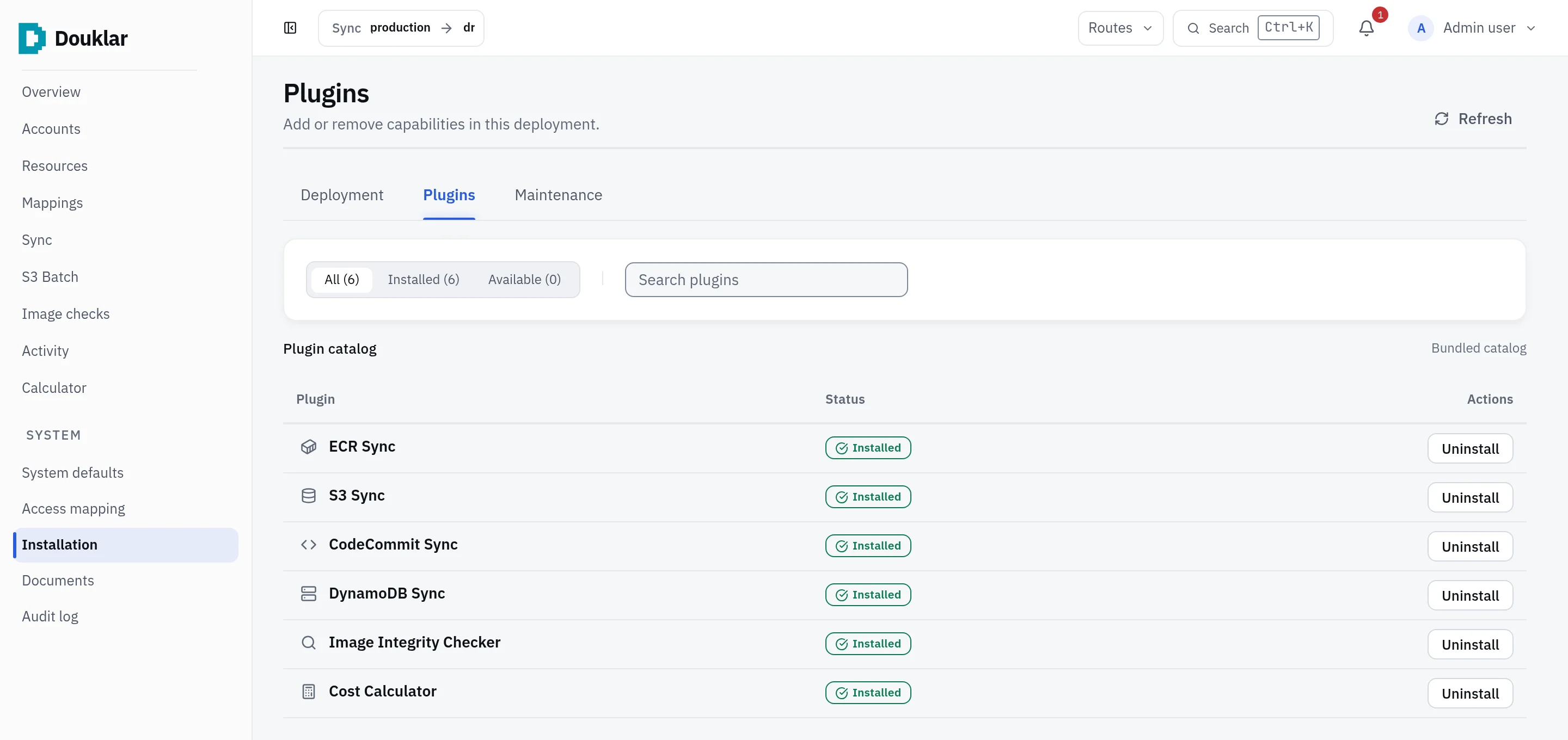 Douklar console Plugins page: six bundled plugins installed: ECR Sync, S3 Sync, CodeCommit Sync, DynamoDB Sync, Image Integrity Checker and Cost Calculator.