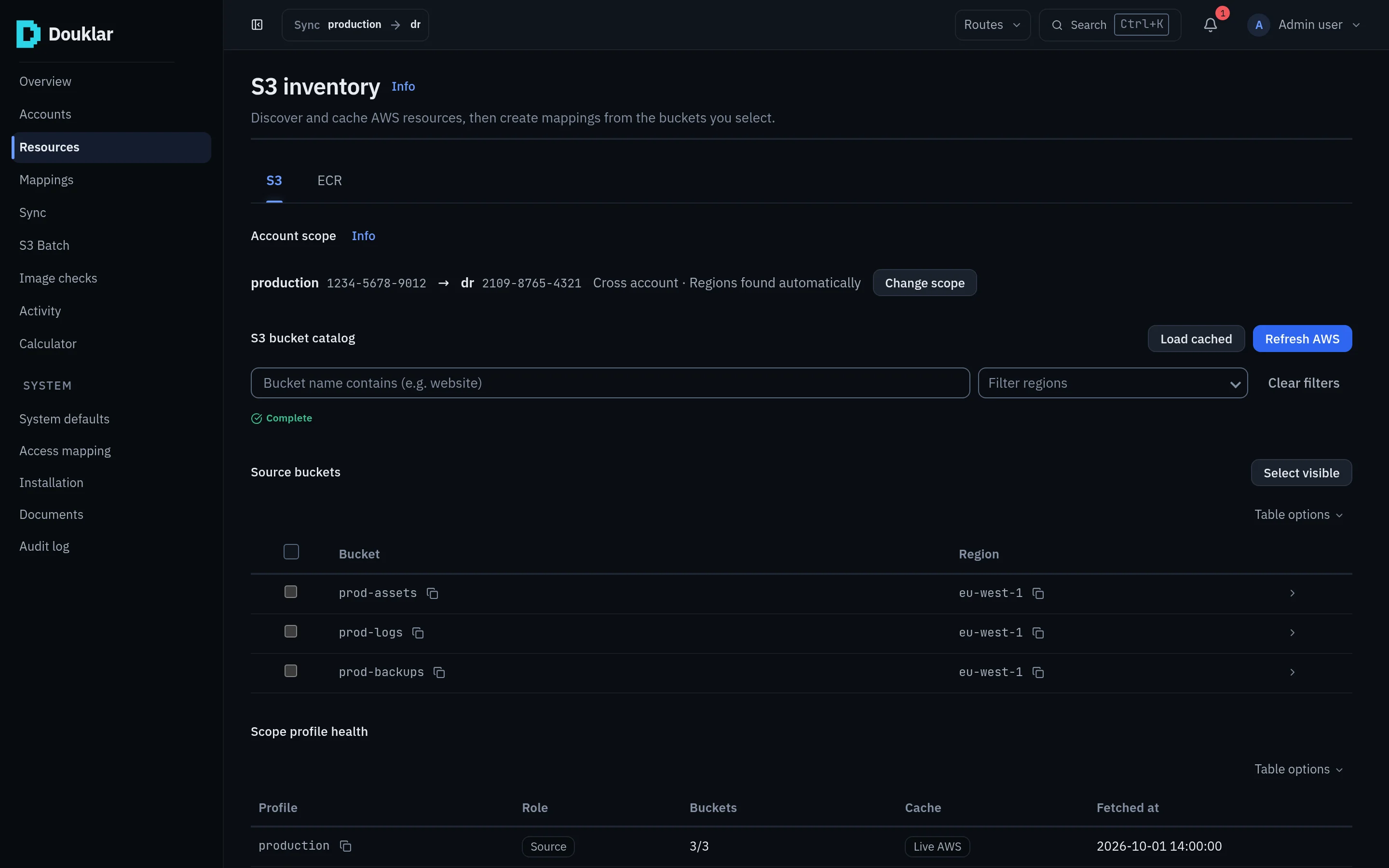 Douklar console S3 inventory: the production to dr scope, a bucket catalog with three sample buckets in eu-west-1, and the source profile health.