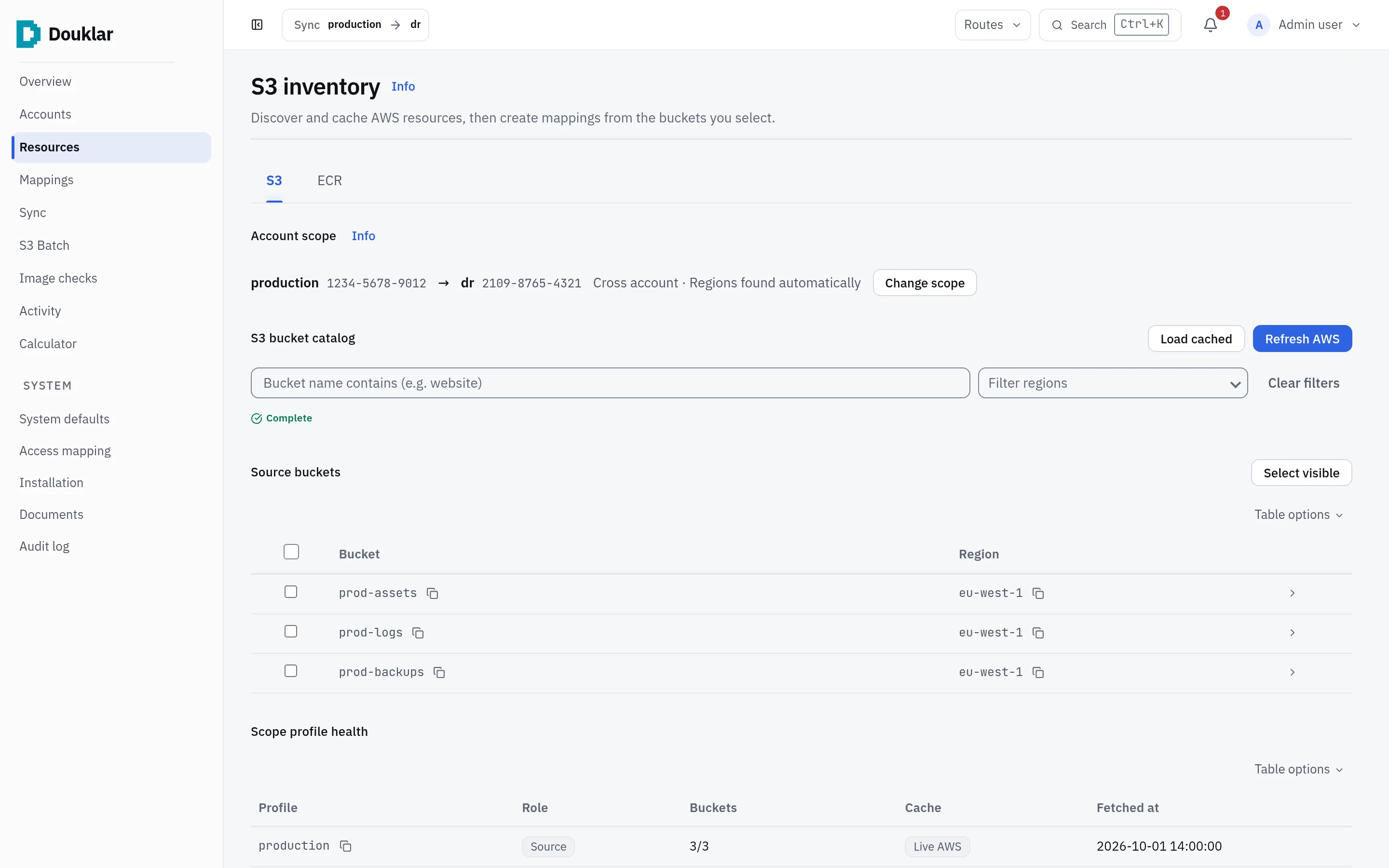 Douklar console S3 inventory: the production to dr scope, a bucket catalog with three sample buckets in eu-west-1, and the source profile health.