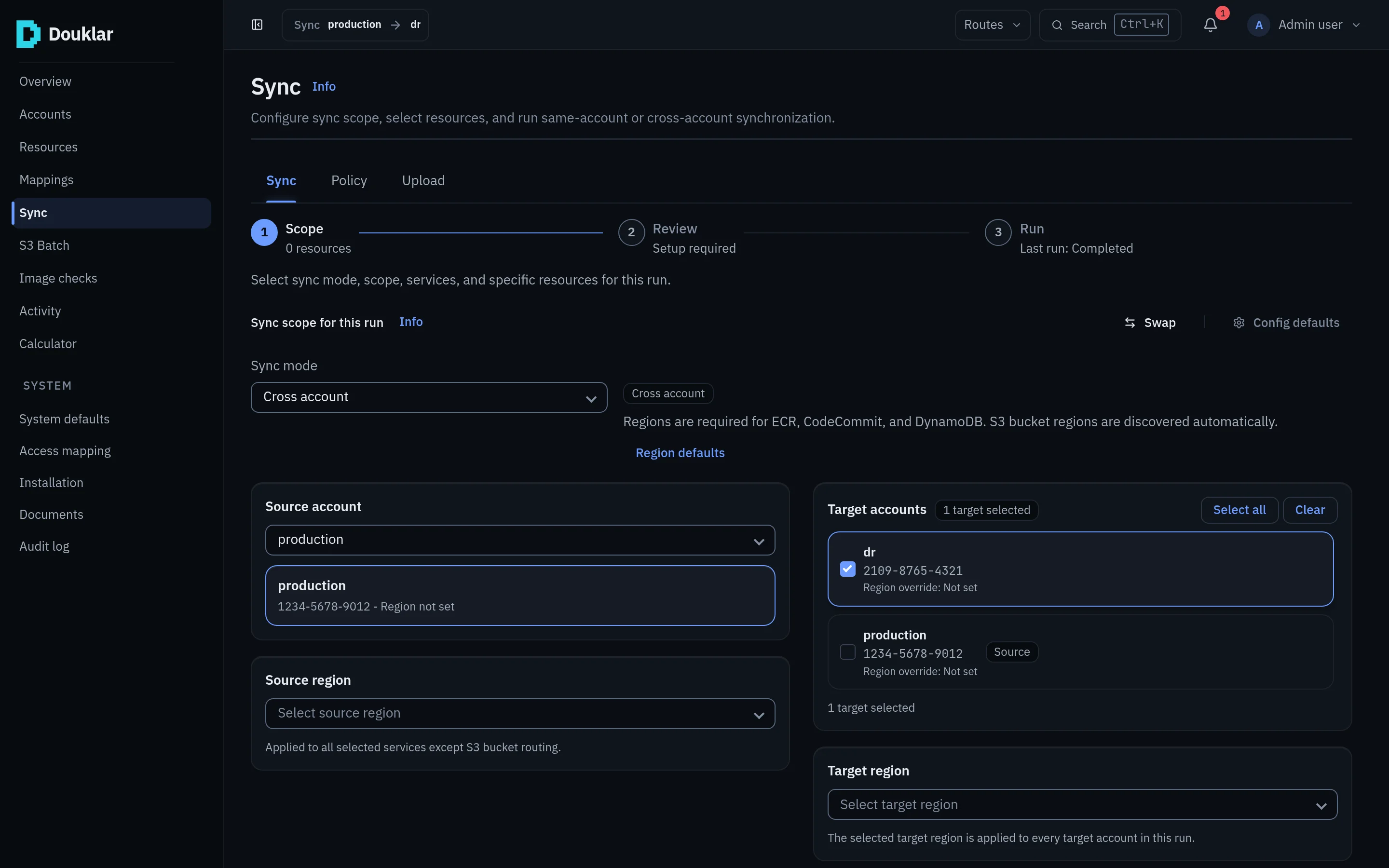 Douklar console Sync page: a Scope, Review, Run stepper with a cross-account source account and one selected target account.