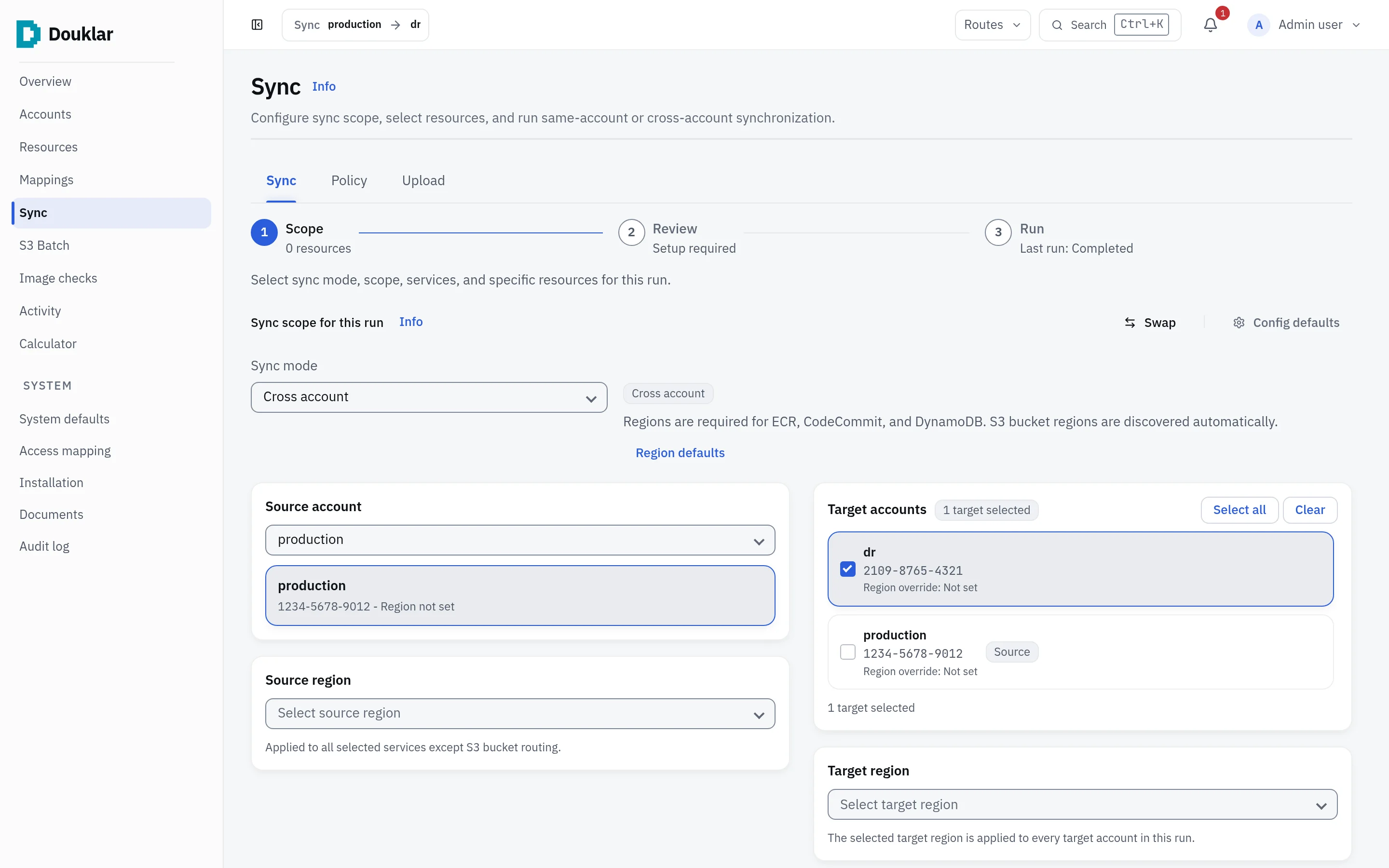 Douklar console Sync page: a Scope, Review, Run stepper with a cross-account source account and one selected target account.